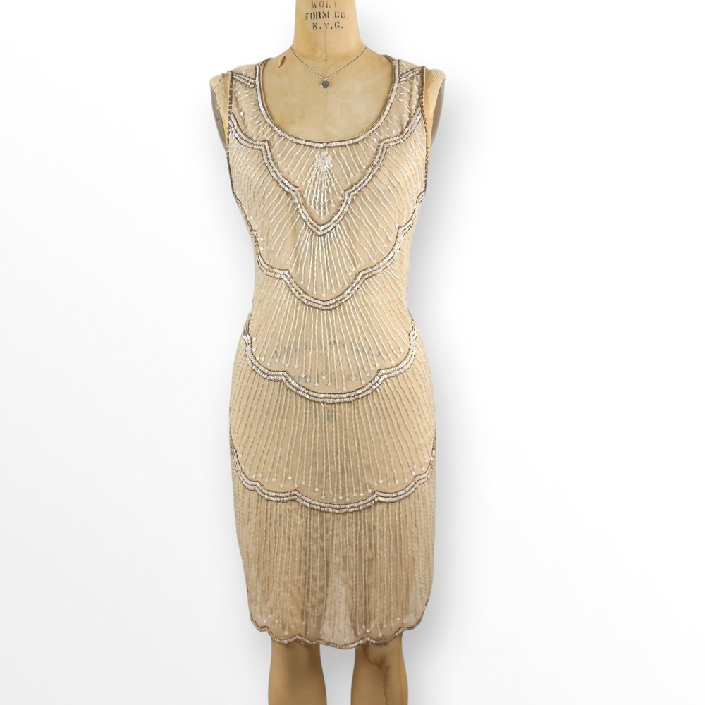 Y2K Sabine Beaded Flapper Dress Scallop Sheer Art Deco Going Out Vintage Size M